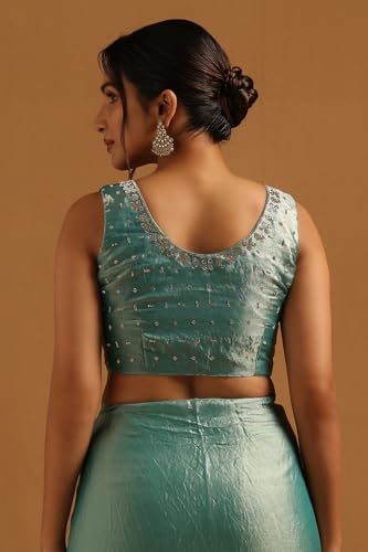Soch Womens Powder Blue Fendy Organza Embellished Saree With Stone Work