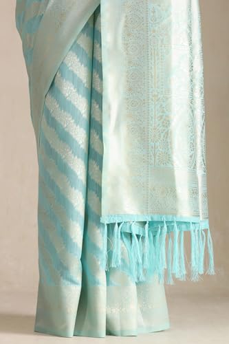 Soch Womens Turquoise Blue Tussar Woven Design Saree