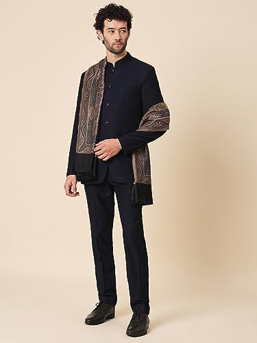 Zamour Polyester Blend Faux Pashmina Soft Jamawar Woven Shawl For Men (Golden Black)