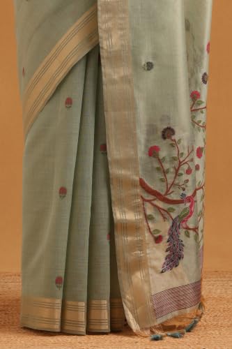 Soch Womens Powder Blue Tissue Botanical Woven Bird Motifs Saree