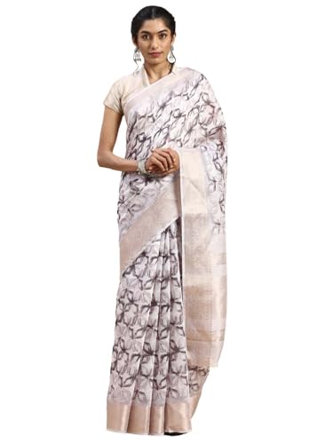 RAMRAJ Semi Linen Flower Print Light Grey Colour Semi Linen Saree(Grey;OS)