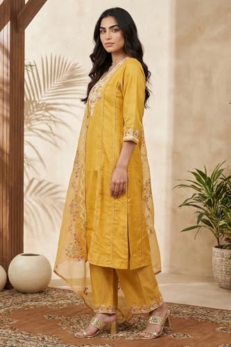 W for Woman Yellow Floral Embroidered Straight Kurta with Pant and Dupatta Set - (WS13092-224075-M)