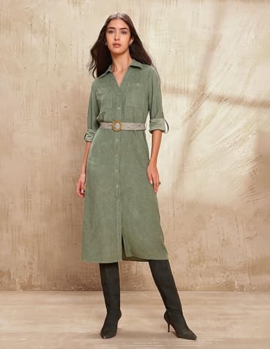 U.S. Polo ASSN. Women Solid Midi Shirt Dress (UWAW25DRS177_Olive_M)