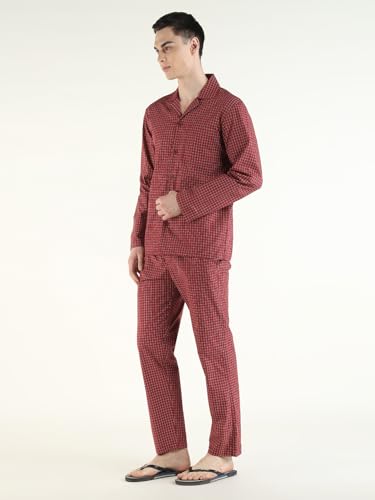 Hancock Men Cotton Checked Relaxed Fit Night Suit Red Size S