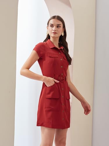 Latin Quarters Women's Rust Short Sleeves Collared Solid Casual Mini Dress_L
