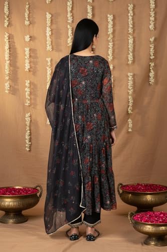 W for Woman Black Floral Printed Chiffon Flared Kurta with Straight Pant and Dupatta Set (WS13197-126216-XS)