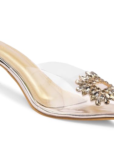JM LOOKS Women's Kitten Heel Sandal Transparent Upper Embellished Rhinestone Pointed Peep Toe Sandal - Gold
