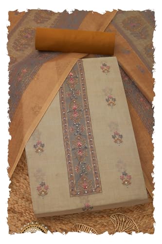Soch Womens Beige Linen Shimmer Floral Print Unstitch Dress Material With Sequins
