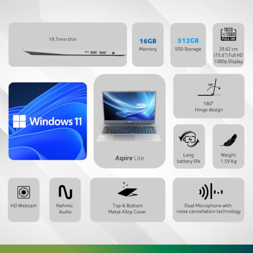 Acer Aspire Lite, AMD Ryzen 5 7430U Processor, 16 GB RAM, 512 GB SSD, Full HD, 15.6"/39.62 cm, Windows 11 Home,MSO, Steel Gray, 1.59 kg, AL15-41, Thin and Light Laptop