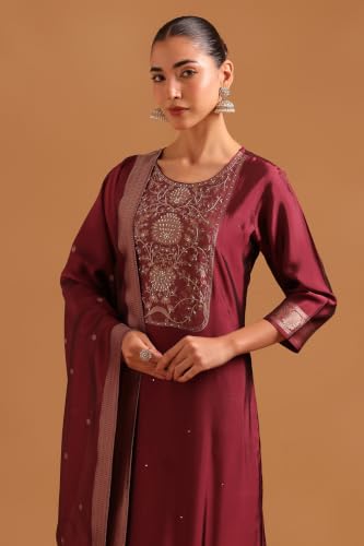 Soch Womens Wine Organza Botanical Zari Woven Hand Embroidered Salwar Suit