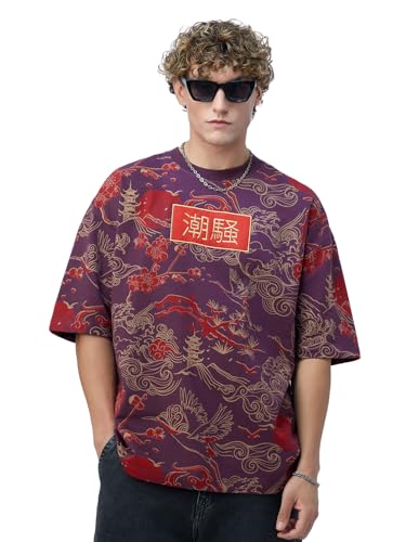 The Souled Store Originals: Sound of Waves Men and Boys Short Sleeves Round Neck Purple Embellished Lightweight Comfortable All-Season Cotton Oversized T-Shirts