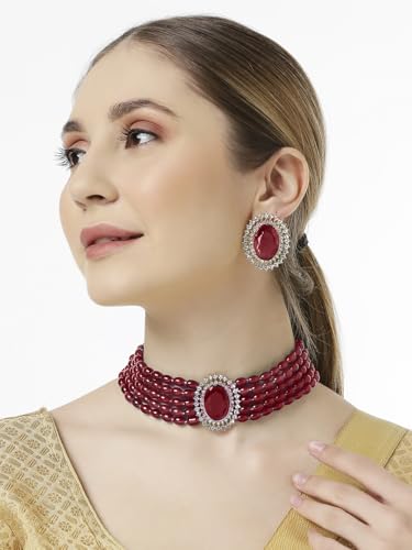 OOMPH Jewellery Maroon Beads Multi Layer Ethnic Choker Necklace Set with Large Stud Earrings for Women & Girls Stylish Latest (GOSET143_Z)- For Women & Girls Stylish Latest