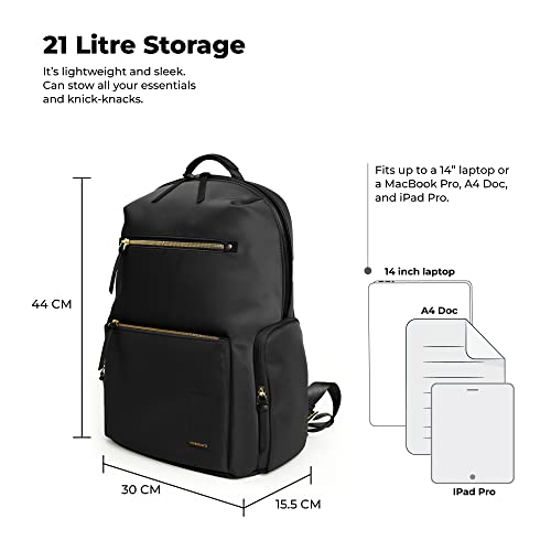MOKOBARA The Bliss Backpack | 14 Inch Padded Laptop Compartment, 21L Capacity, Water Resistant Nylon & Vegan Leather Trims | Adjustable Straps, Multiple Pockets | Money Moves, Black