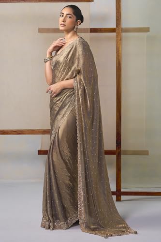 Soch Womens Light Olive Fendy Organza Embellished Saree
