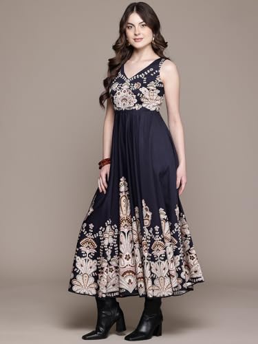 Label RITU KUMAR V Neck Sleevesless Printed Long Dress Black