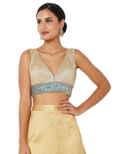 S SALWAR STUDIO Women's Gold & Blue Banarasi Self Design Readymade Saree Blouse-SSB4170-GOLD