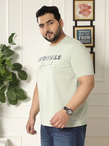 JOHN PRIDE Plus Size Men Regular Fit Printed Short Sleeves Green Round Neck Stretchable T-Shirt (JPTSR32461_5XL_Green)