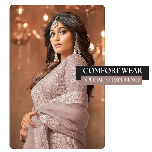 Divine International Trading Co Women's Embroidery Sequince Net Anarkali Gown Dupatta Set with Long Sleeve V-Neck and Full Length