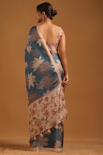 Soch Womens Blue Tussar Botanical Saree