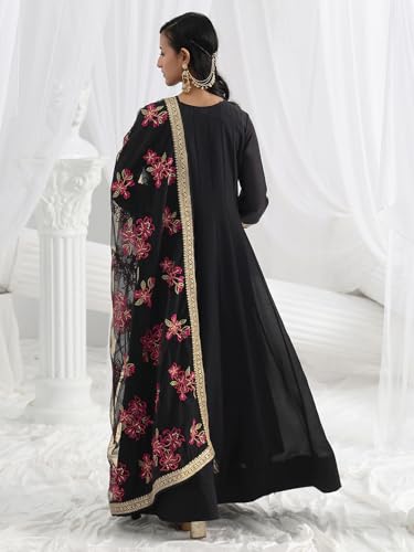 Libas Embroidered Silk Blend A-Line Ethnic Dress with Dupatta-93610L Black