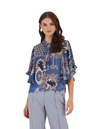 Latin Quarters Women Blue Cape Sleeves Tie Neck Printed Top for Casual_XXL