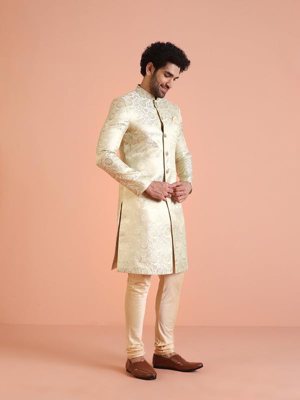 KISAH Men's Indo-Western Sherwani, Green Silk Blend, Woven Design Regular Fit Mandarin Collar Long Sleeves