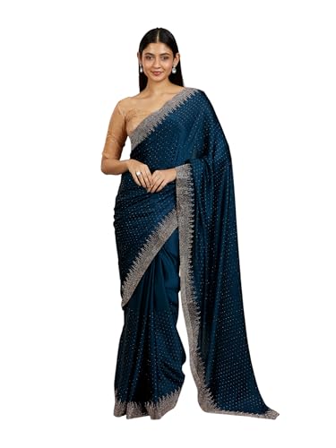 MOHEY Women's Satin Stone Work Saree(Teal Green)