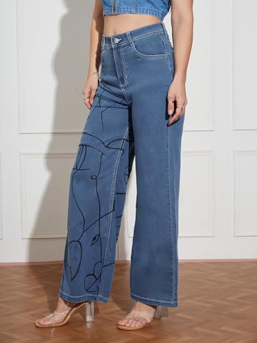 Miss Chase Women's Wide Leg High Rise Hand Painted Stretchable Denim Jeans (MCSS18DEN02-19-391-30, Hazy Blue, 30)