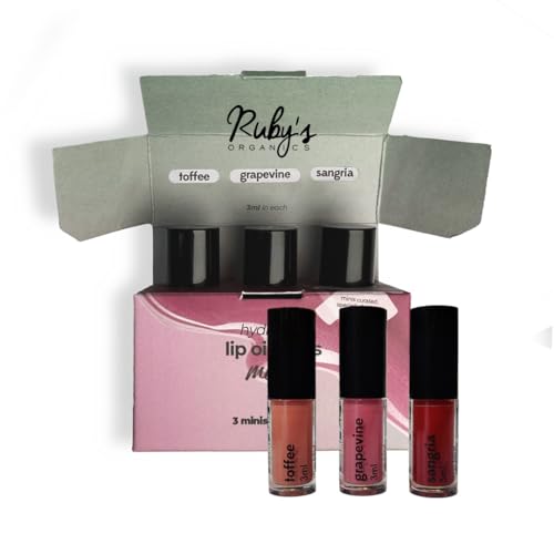 Ruby's Organics Lip Beauty Gift Kit, Lip Oil Glossy Minis Sunset, Moisturizing, Long Lasting, Non Sticky & Non Drying, Natural Lip Makeup, Paraben Free - Sangria, Grapevine and Toffee Shades