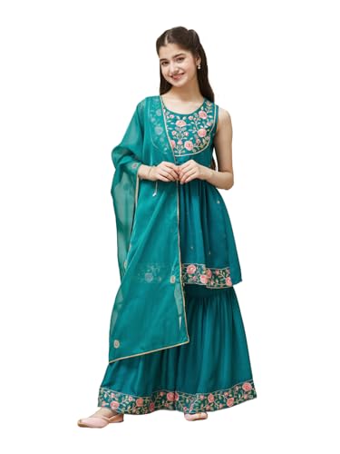 CURLY TALES Chinon Embroidered Kurti Sharara Set for Girls | Ethnic Suits for Teens