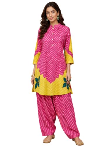 Varanga Women Hot Pink A Line Kurta Salwar Set Mandarin Collar