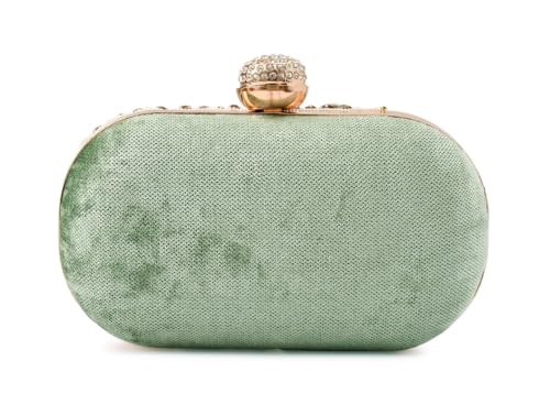 QHAN Elegant Beaded Clutch Purse for Women – Emroidered Bag with Gold Chain, Rhinestone Clasp & Stone Detailing (Cap Pebble Green)
