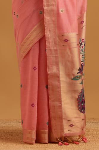 Soch Womens Pink Chanderi Bird Motifs Zari Woven Saree With Tassel