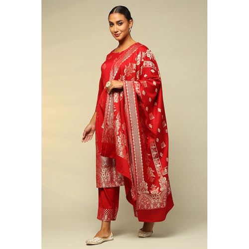 Rangriti Women Red Acrylic Straight Yarn Dyed Kurta Palazzo Suit Set_46