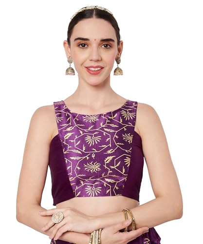 studio rasa Women's Dupion Block Printed Panelled Blouse for Festive Wedding Party (TPWC62554S_Purple_Small)