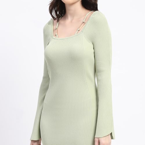 Madame Mint Green Knitted Midi Dress with Flounce Sleeves