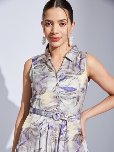 Latin Quarters Women Purple Collared Sleeveless Printed A-Line Dress for Casual Wear