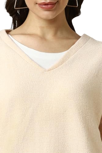 Women Beige Solid V Neck Casual Sweater