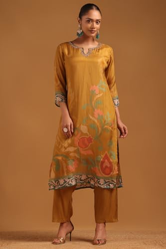Soch Womens Mustard Crepe Botanical Salwar Suit With Mirror & Cutdana