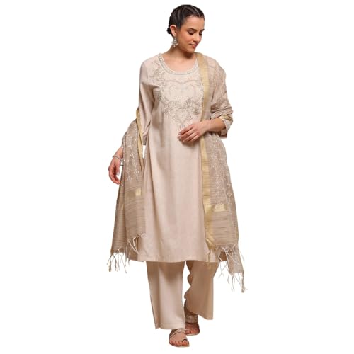 Biba Women Beige Polyester Blend Straight Dyed Suit Set_42
