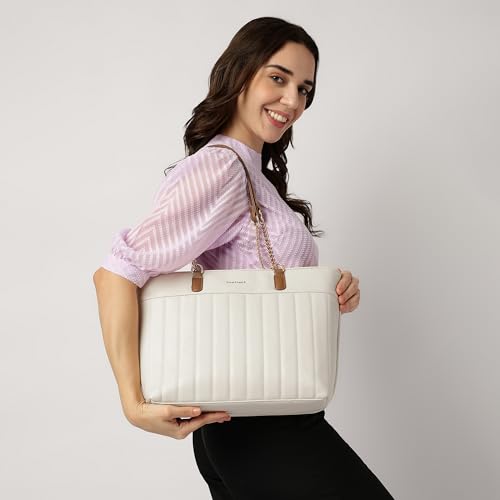Fastrack Quilted Tote Bag for Women | Faux Leather Shoulder Bag with Dual Chain Handles, Zip Closure & Organiser Pockets | Elegant Everyday Tote for College, Brunch & Casual Outings