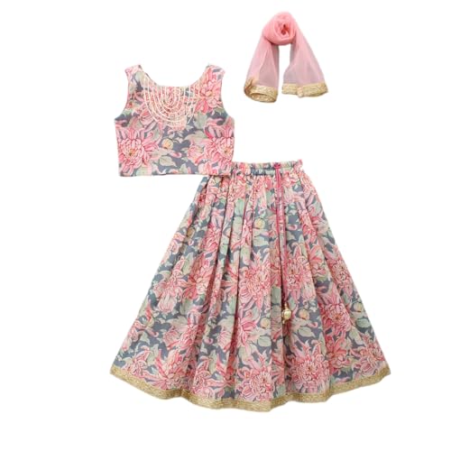 Leons Fab Girls Ethnic Wear Rayon Flower Printed Readymade Lehenga Choli Set (Peach, 13-14 Years)