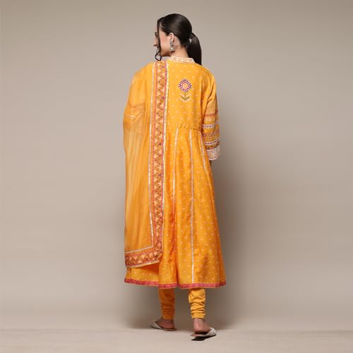 BIBA Polycotton Women Printed Anarkali Salwar Kurta Dupatta(SKDBANDHEJ8993_MAN_32), Yellow