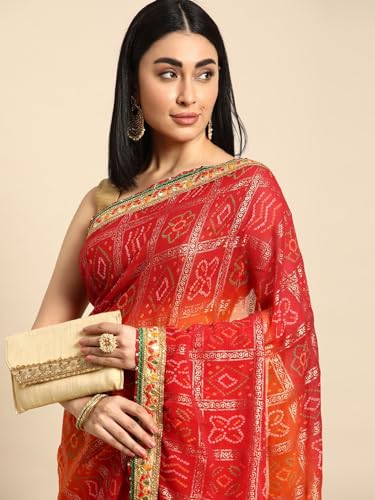 Pandadi Saree Women's Red Marble Georgette Mill Foil Bandhani with Intricate Work Border And Unstitched Blouse Piece