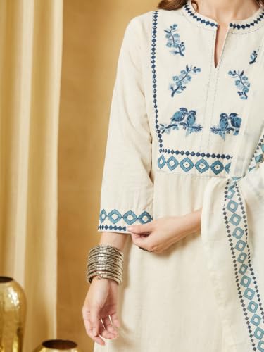 Divena Off White Cotton Flex Embroidered Kurta Sets with Dupatta