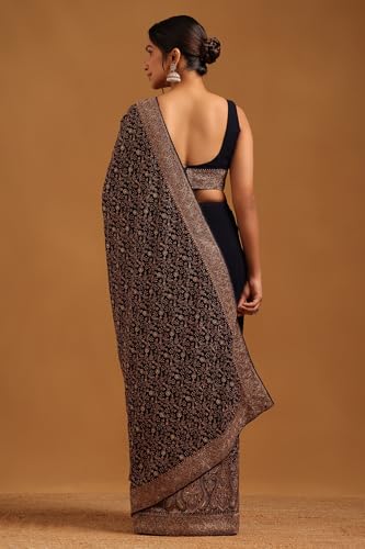 Soch Womens Navy Blue Georgette Botanical Saree With Stone Work