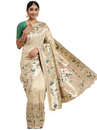 Pandadi Saree Women's Paithani Paithani Silk Saree With Blouse Piece (371PS22_Beige)