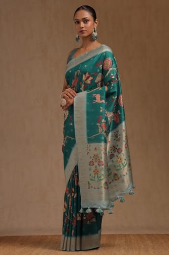 Soch Womens Teal Tussar Floral Print Saree