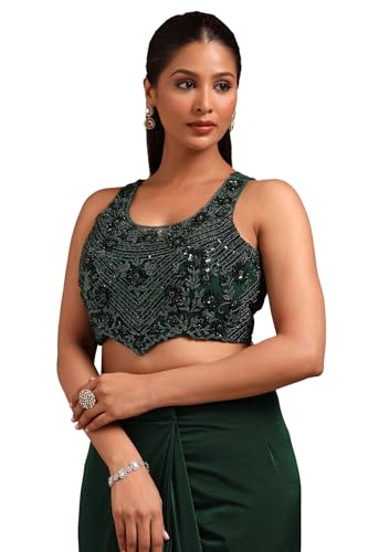 Soch Womens Green Nylon Blend Solid Ready To Wear Saree With Beads And Stones