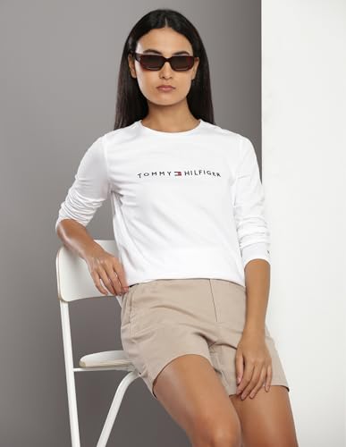 Tommy Hilfiger White Cotton Embroidery Round Neck Full Sleeves Regular Fit Women T-Shirt (F23HWKT126) Size-XL